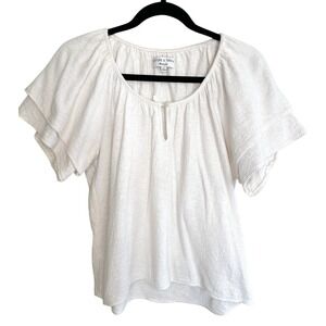 Madewell Texture & Thread Tiered Flutter Sleeve Top S Ivory Cream 100% Cotton